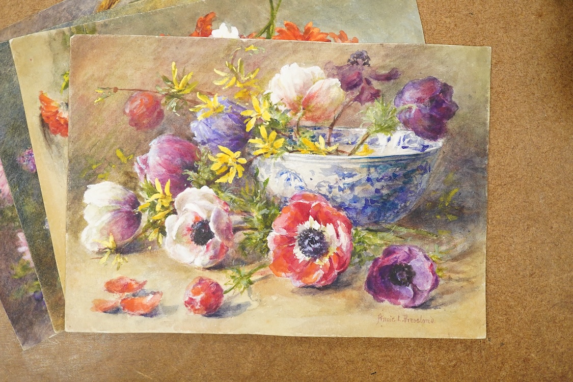 Annie L Pressland, Set of four original watercolours for postcard designs, to include Chrysanthemums and Violets, Lilac and Scarlet Anenomes, each signed, watercolours on card, unframed, largest 19 x 27cm